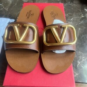 Valentino Garavani Brown Sandals with Gold Logo size 5 1/2